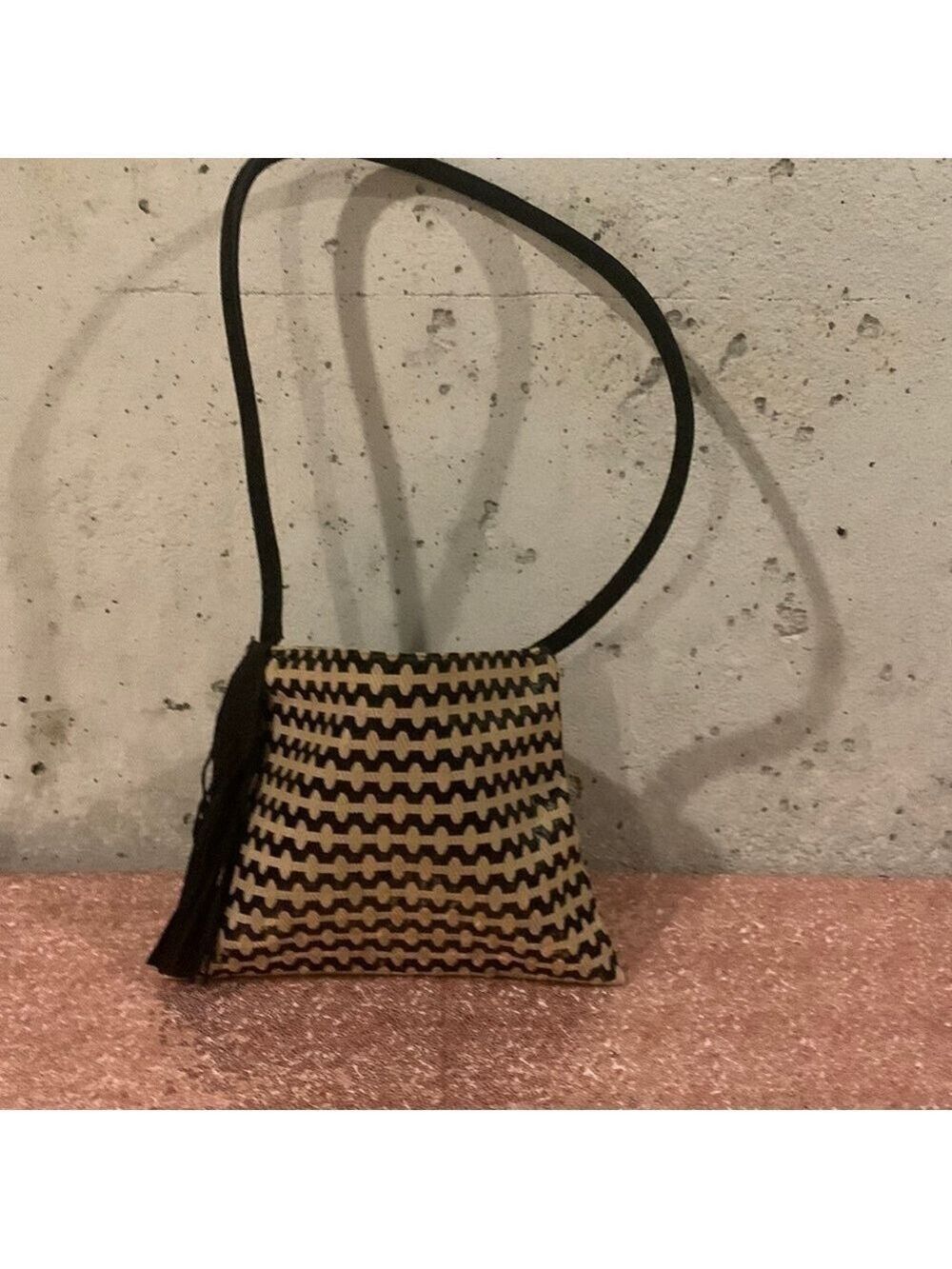 Vintage Reva Black and Tan Fabric Purse With Black Suede Strap and Tassel